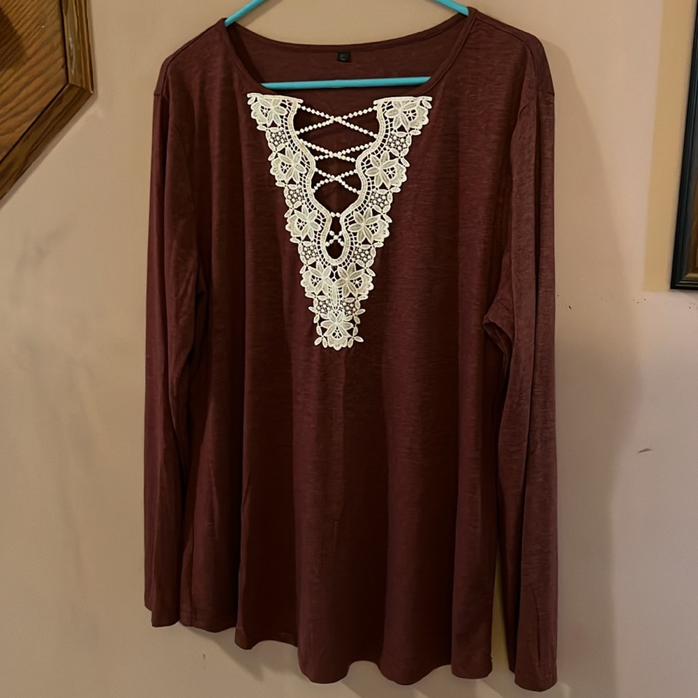 Merlot Long Sleeve Lace Embellished Blouse